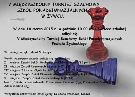 V MIĘDZYSZKOLNY TURNIEJ SZACHOWY SZKÓŁ PONADGIMNAZJALNYCH W ŻYWCU