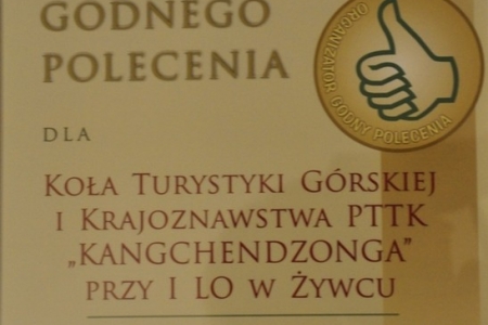 Certyfikat „Organizator Godny Polecenia” dla KTGiK „Kangchendzonga”