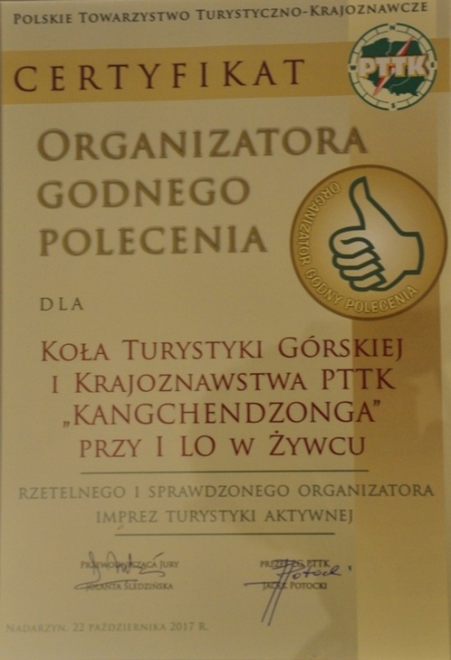 Certyfikat „Organizator Godny Polecenia” dla KTGiK „Kangchendzonga”