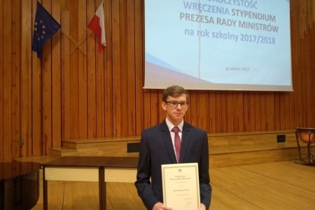 Stypendium Prezesa Rady Ministrów dla Karola Sowy z kl. 2b