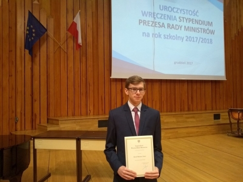 Stypendium Prezesa Rady Ministrów dla Karola Sowy z kl. 2b