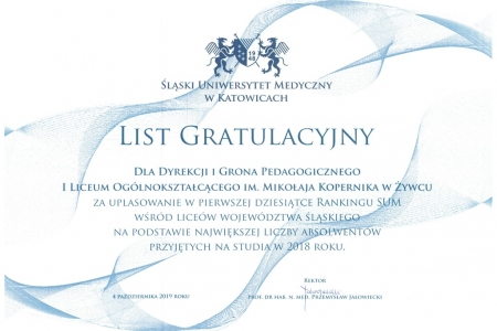 List gratulacyjny od Śląskiej Akademii Medycznej w Katowicach dla naszego liceum