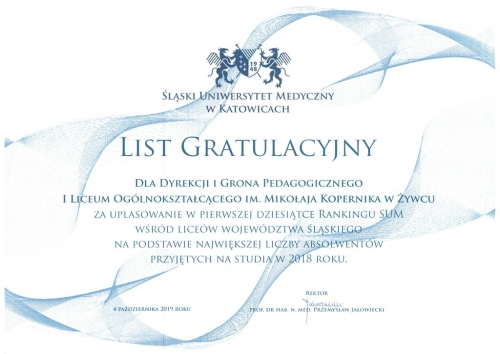 List gratulacyjny od Śląskiej Akademii Medycznej w Katowicach dla naszego liceum