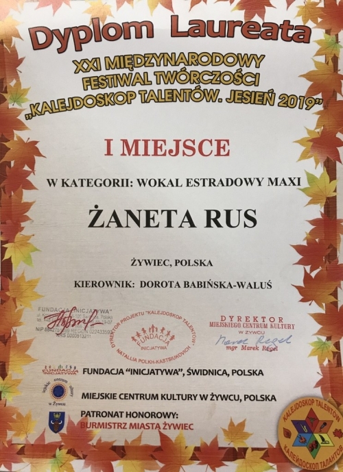 I miejsce dla Żanety Rus w Międzynarodowym Festiwalu Twórczości w kategorii wokal estradowy