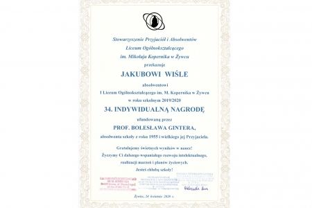 Jakub Wisła laureatem Indywidualnej Nagrody Profesora Bolesława Gintera dla najlepszego absolwenta