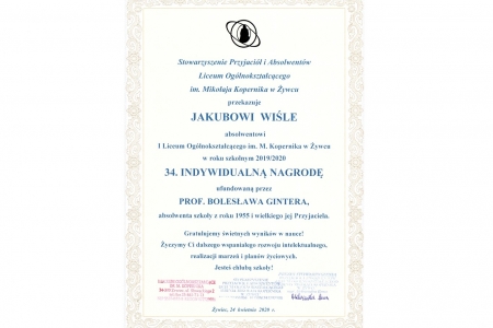 Jakub Wisła laureatem Indywidualnej Nagrody Profesora Bolesława Gintera dla najlepszego absolwenta