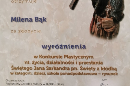 Wyróżnienie dla Mileny Bąk w Wojewódzkim Konkursie Plastycznym 