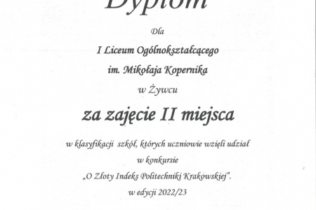 Nasze liceum na drugim miejscu w ogólopolskim Konkursie o Złoty Indeks Politechniki Krakowskiej