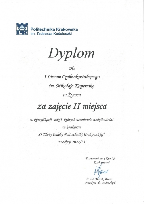 Nasze liceum na drugim miejscu w ogólopolskim Konkursie o Złoty Indeks Politechniki Krakowskiej