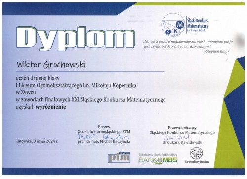 Nasz uczeń z Kopernika: Wiktor Grochowski wyróżniony w finale Śląskiego Konkursu Matematycznego