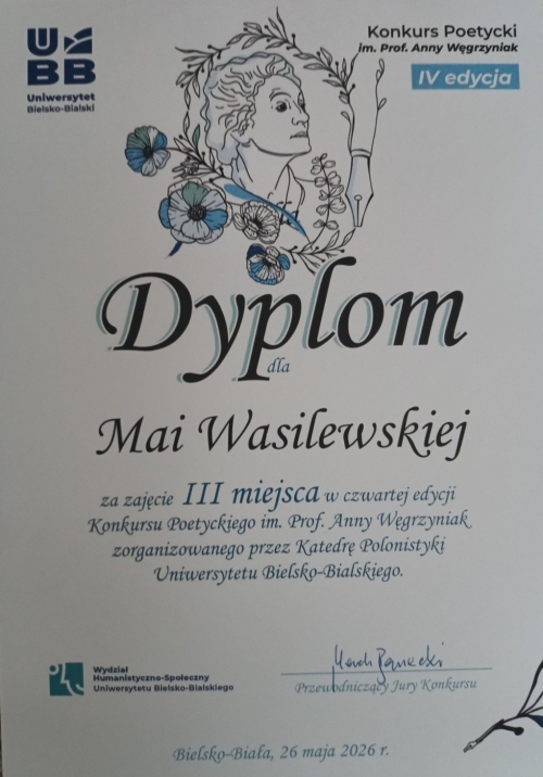 Sukces uczennicy I LO w IV Konkursie Poetyckim im. prof. Anny Węgrzyniak