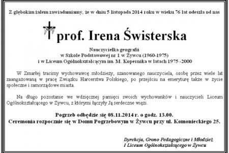 Zmarła Pani Profesor Irena Świsterska