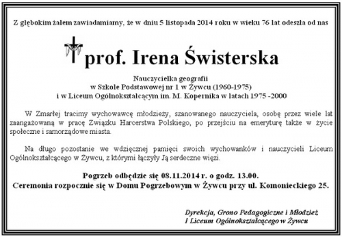 Zmarła Pani Profesor Irena Świsterska