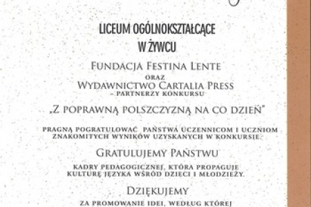 List gratulacyjny dla I LO im. M. Kopernikaw Żywcu