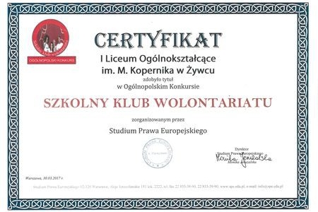 Praca Szkonego Klubu Wolontariatu dostrzeżona i doceniona! Gratulacje